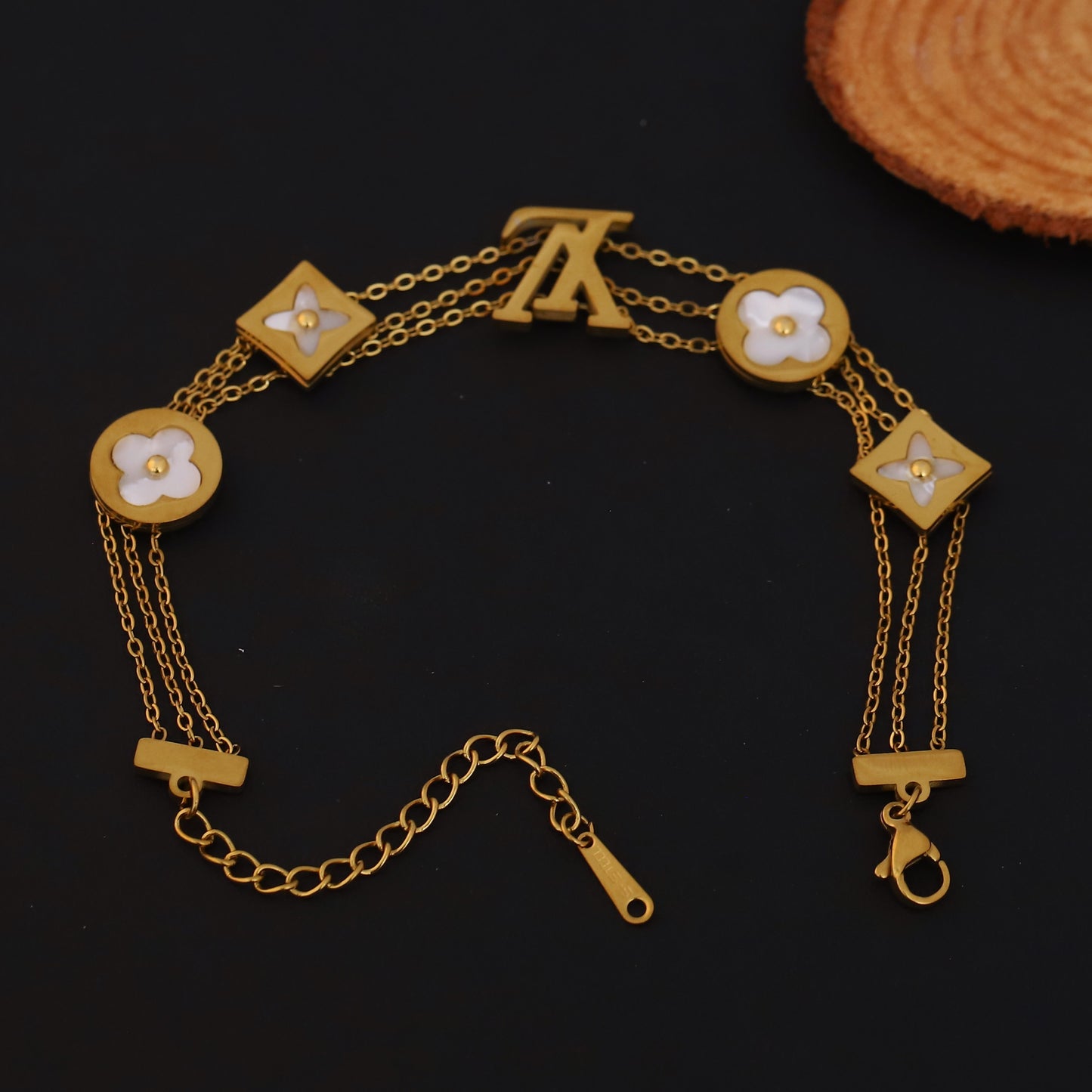 Layered Gold Bracelet with Mother of Pearl Clovers & LV Inspired Monogram | Statement Jewelry
