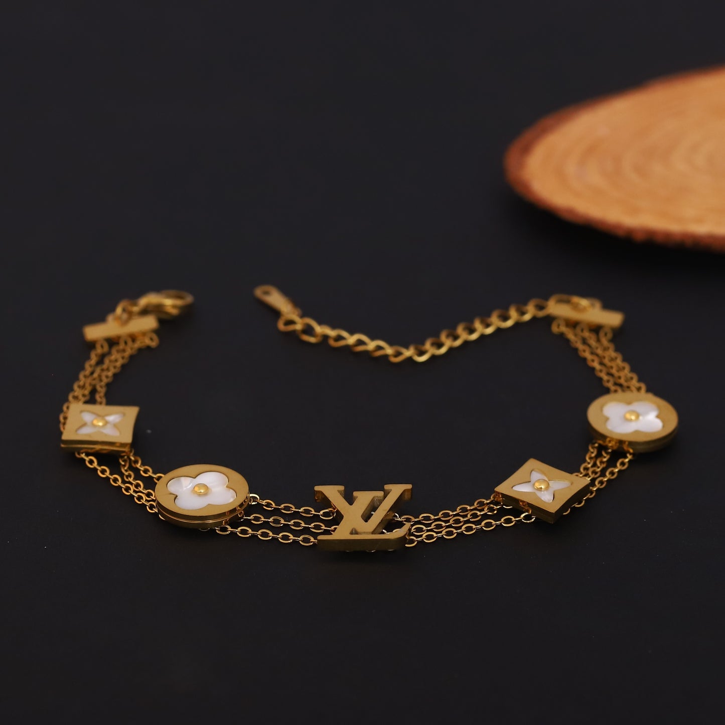 Layered Gold Bracelet with Mother of Pearl Clovers & LV Inspired Monogram | Statement Jewelry