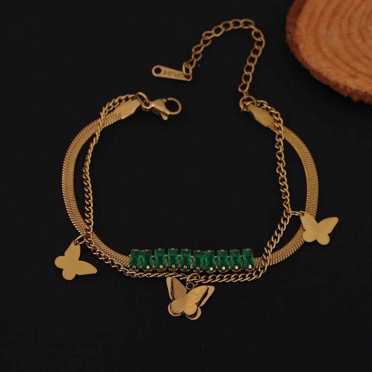Emerald & Gold Butterfly Bracelet - Layered Chain Bracelet for Women