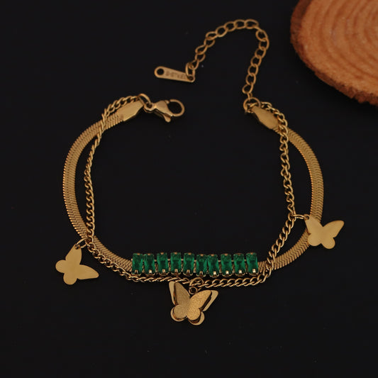 Emerald & Gold Butterfly Bracelet - Layered Chain Bracelet for Women