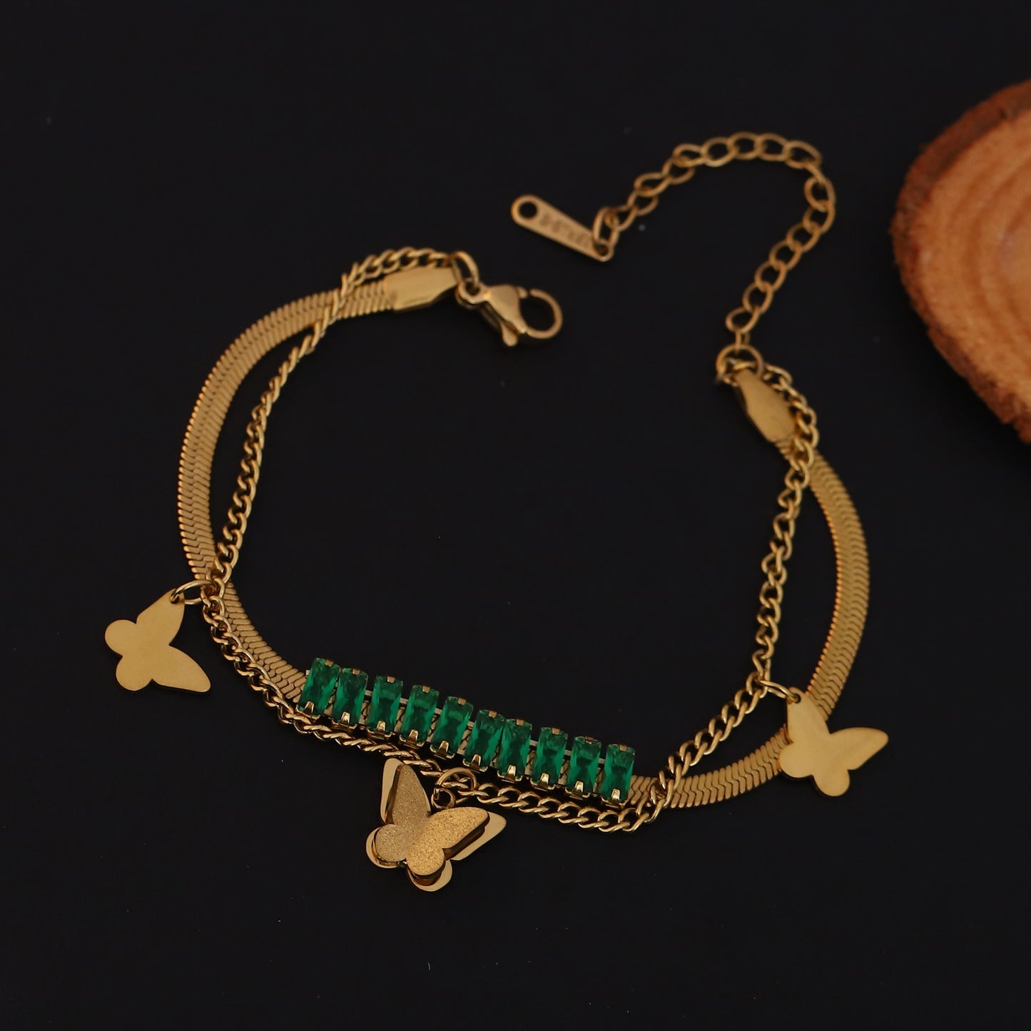 Emerald & Gold Butterfly Bracelet - Layered Chain Bracelet for Women
