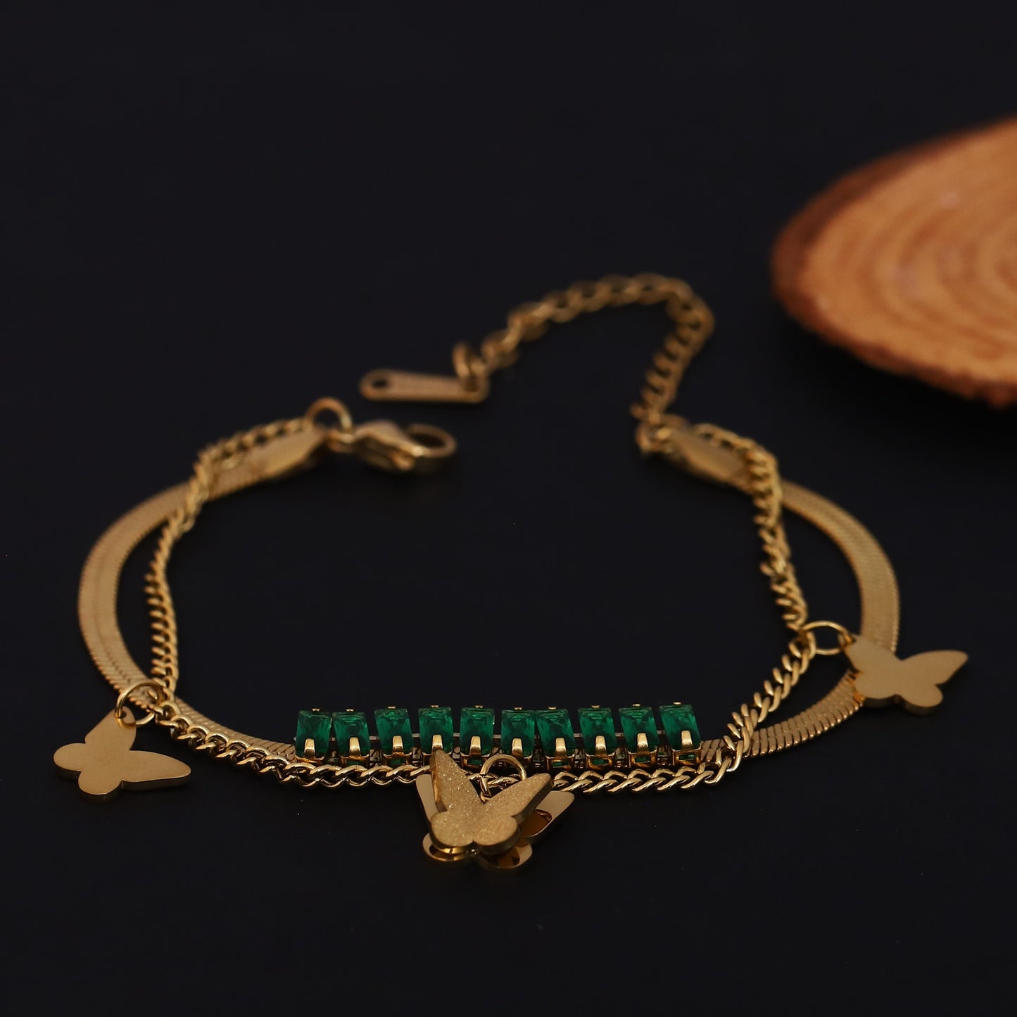 Emerald & Gold Butterfly Bracelet - Layered Chain Bracelet for Women