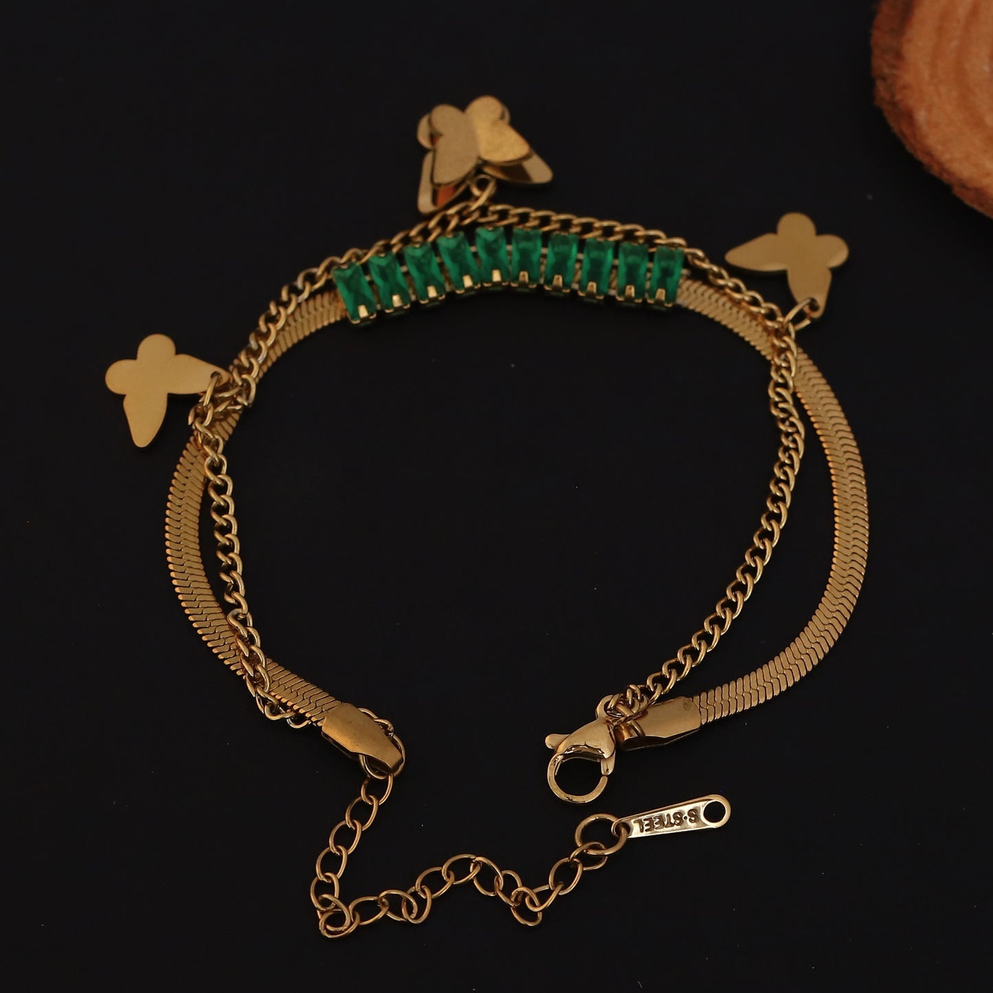 Emerald & Gold Butterfly Bracelet - Layered Chain Bracelet for Women