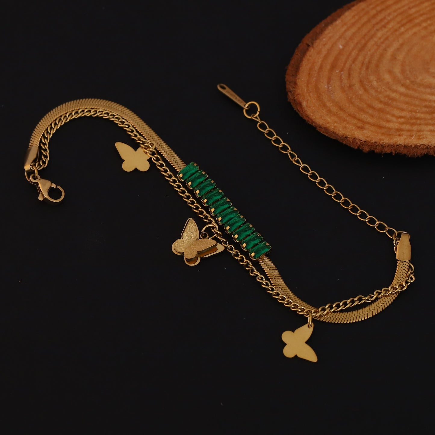 Emerald & Gold Butterfly Bracelet - Layered Chain Bracelet for Women