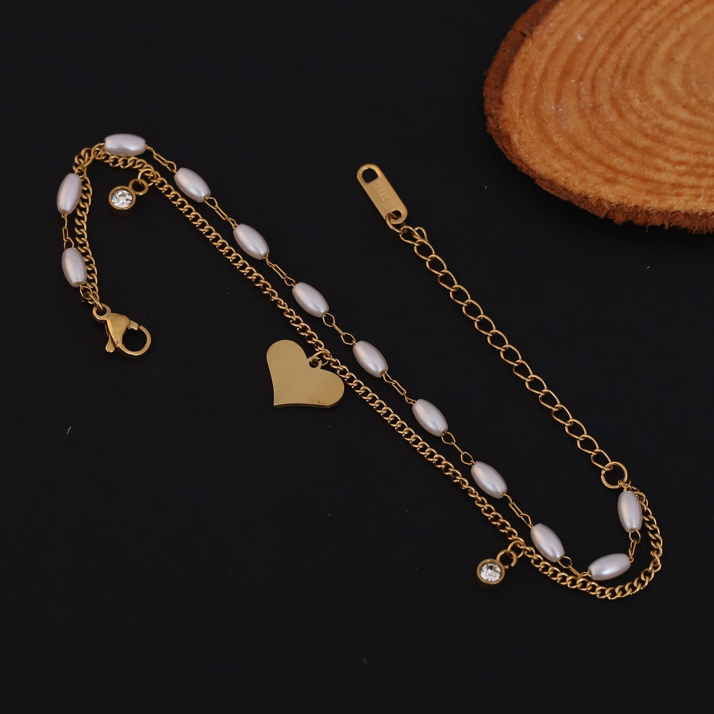 Gold Plated Freshwater Pearl & Heart Charm Bracelet - Double Layer Stainless Steel with CZ Accents