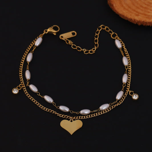 Gold Plated Freshwater Pearl & Heart Charm Bracelet - Double Layer Stainless Steel with CZ Accents
