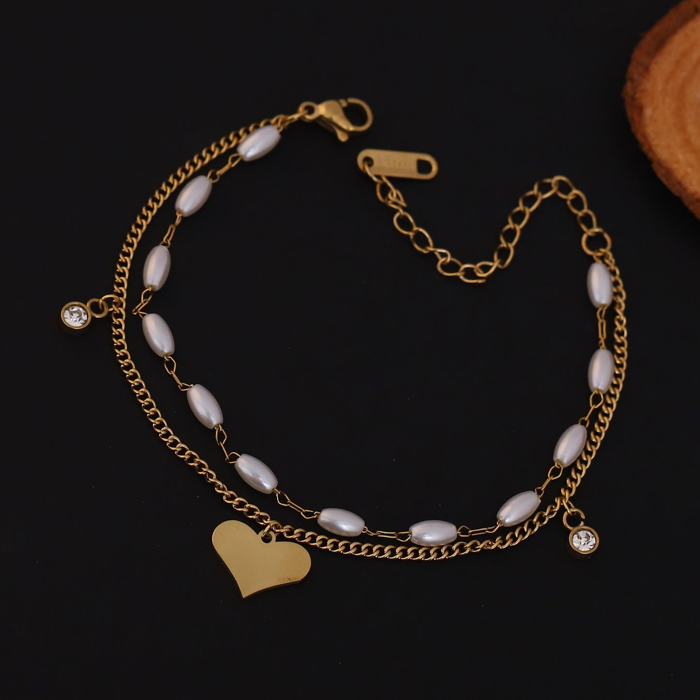 Gold Plated Freshwater Pearl & Heart Charm Bracelet - Double Layer Stainless Steel with CZ Accents
