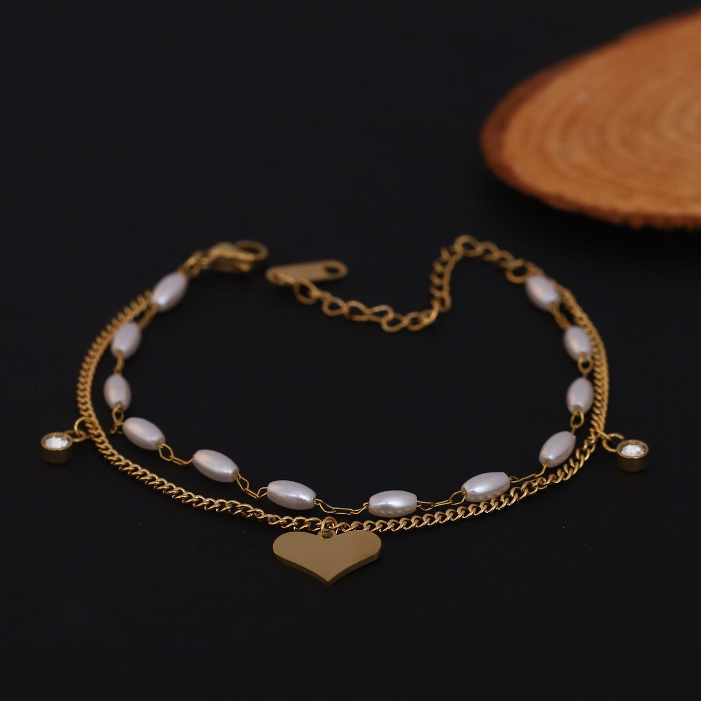 Gold Plated Freshwater Pearl & Heart Charm Bracelet - Double Layer Stainless Steel with CZ Accents