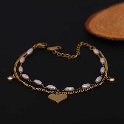 Gold Plated Freshwater Pearl & Heart Charm Bracelet - Double Layer Stainless Steel with CZ Accents