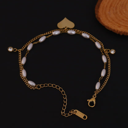 Gold Plated Freshwater Pearl & Heart Charm Bracelet - Double Layer Stainless Steel with CZ Accents