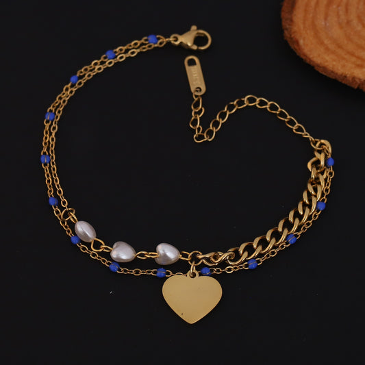 Gold Plated Heart Charm Bracelet with Blue Beads & Pearls - Double Layer Stainless Steel