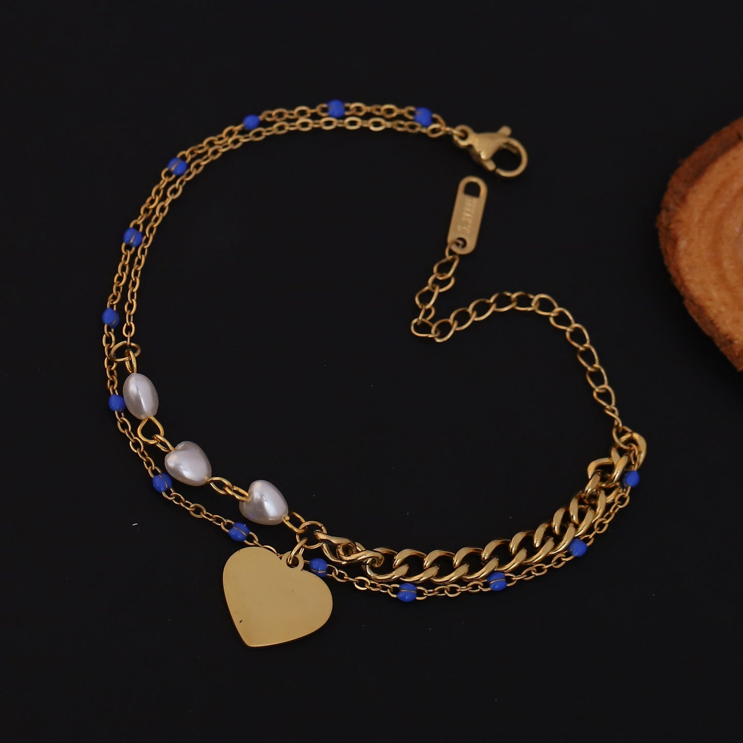 Gold Plated Heart Charm Bracelet with Blue Beads & Pearls - Double Layer Stainless Steel