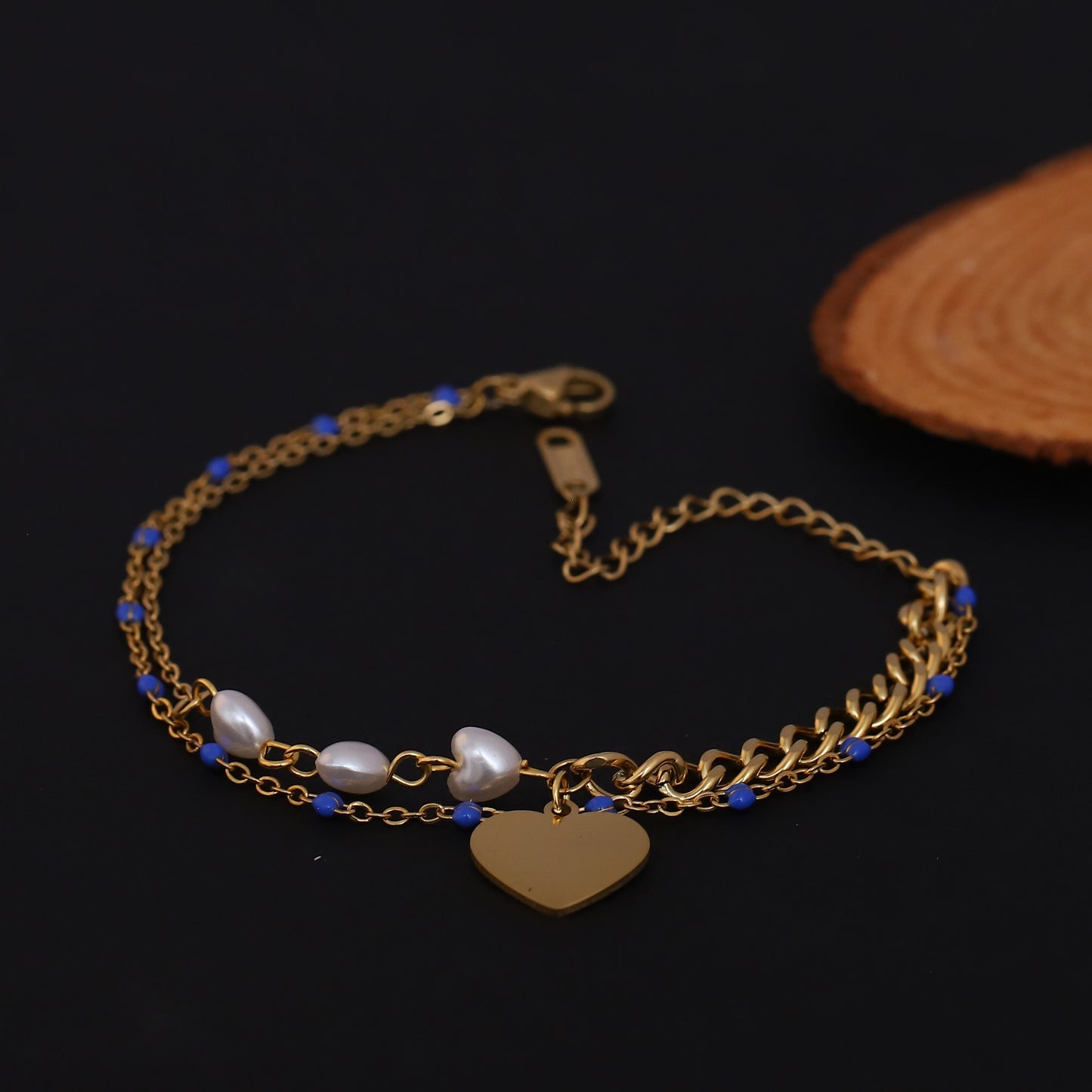 Gold Plated Heart Charm Bracelet with Blue Beads & Pearls - Double Layer Stainless Steel