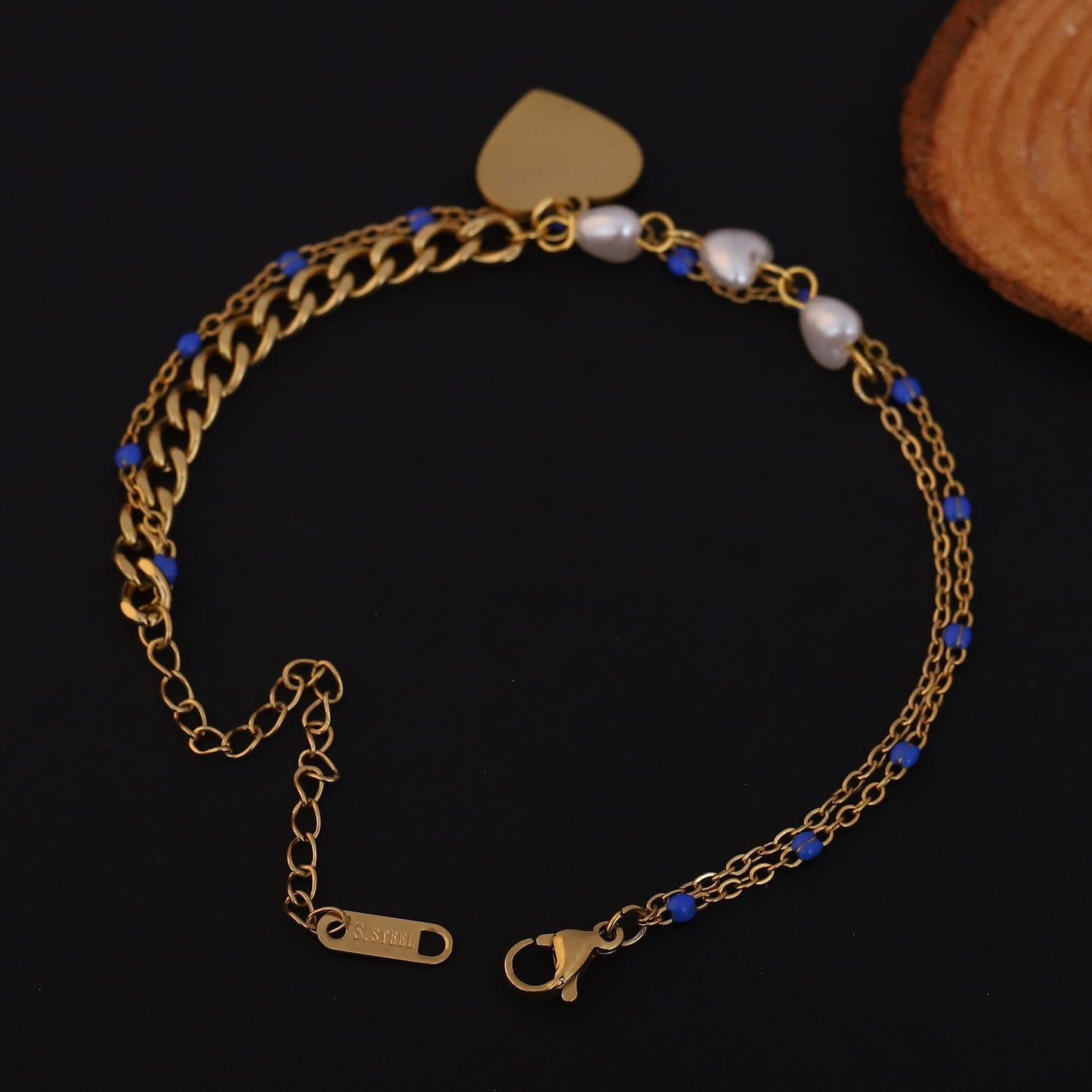 Gold Plated Heart Charm Bracelet with Blue Beads & Pearls - Double Layer Stainless Steel