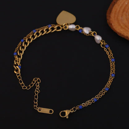 Gold Plated Heart Charm Bracelet with Blue Beads & Pearls - Double Layer Stainless Steel