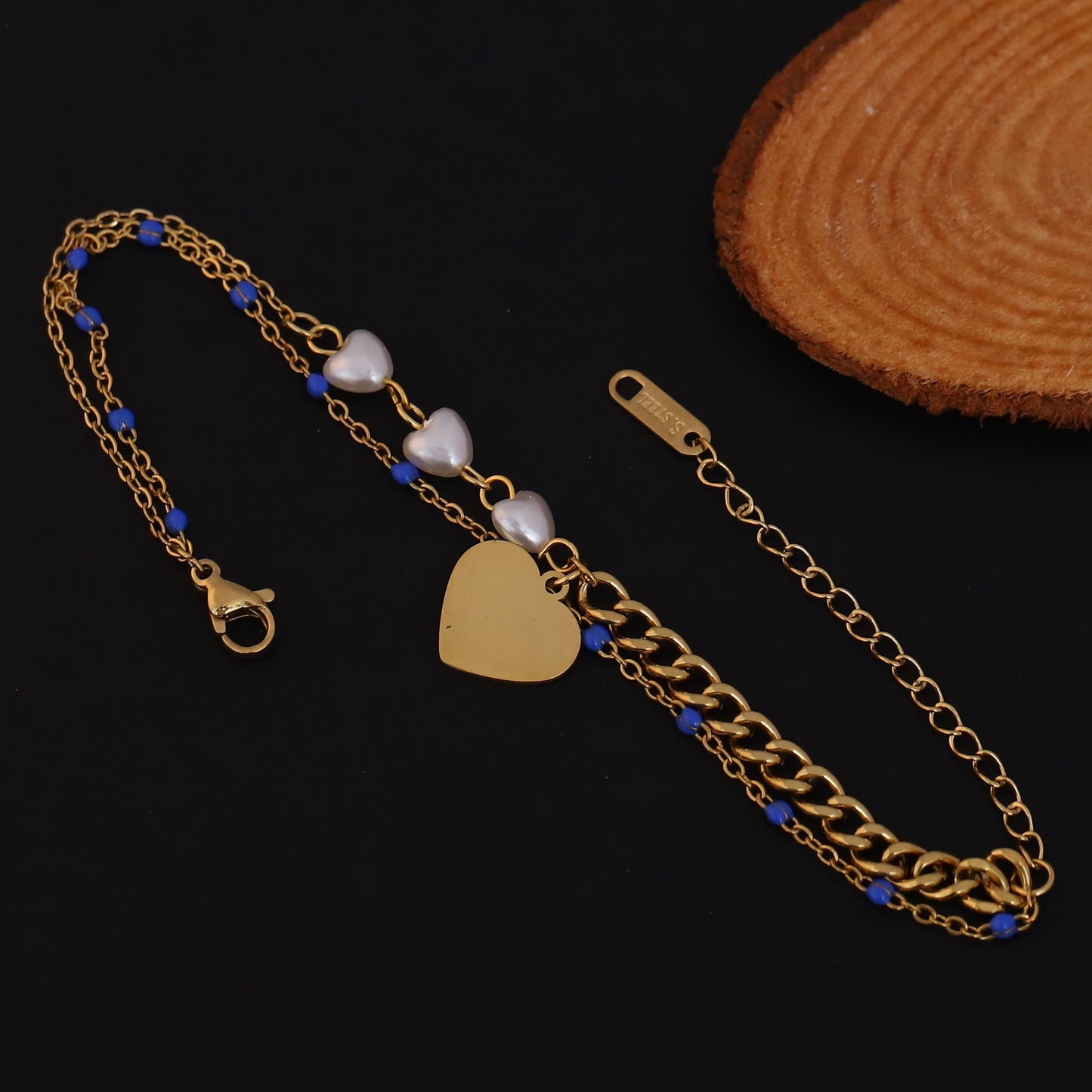 Gold Plated Heart Charm Bracelet with Blue Beads & Pearls - Double Layer Stainless Steel
