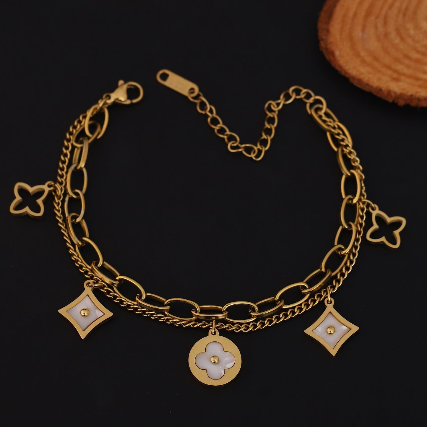 Gold Plated Clover & Quatrefoil Charm Bracelet with Mother of Pearl - Double Layer Stainless Steel