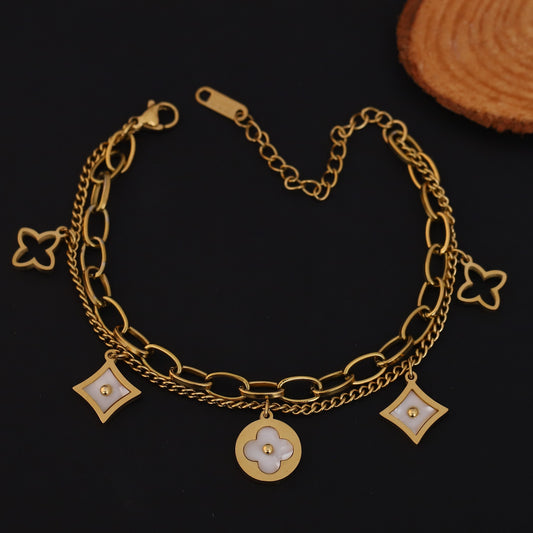 Gold Plated Clover & Quatrefoil Charm Bracelet with Mother of Pearl - Double Layer Stainless Steel