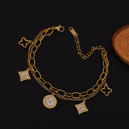 Gold Plated Clover & Quatrefoil Charm Bracelet with Mother of Pearl - Double Layer Stainless Steel