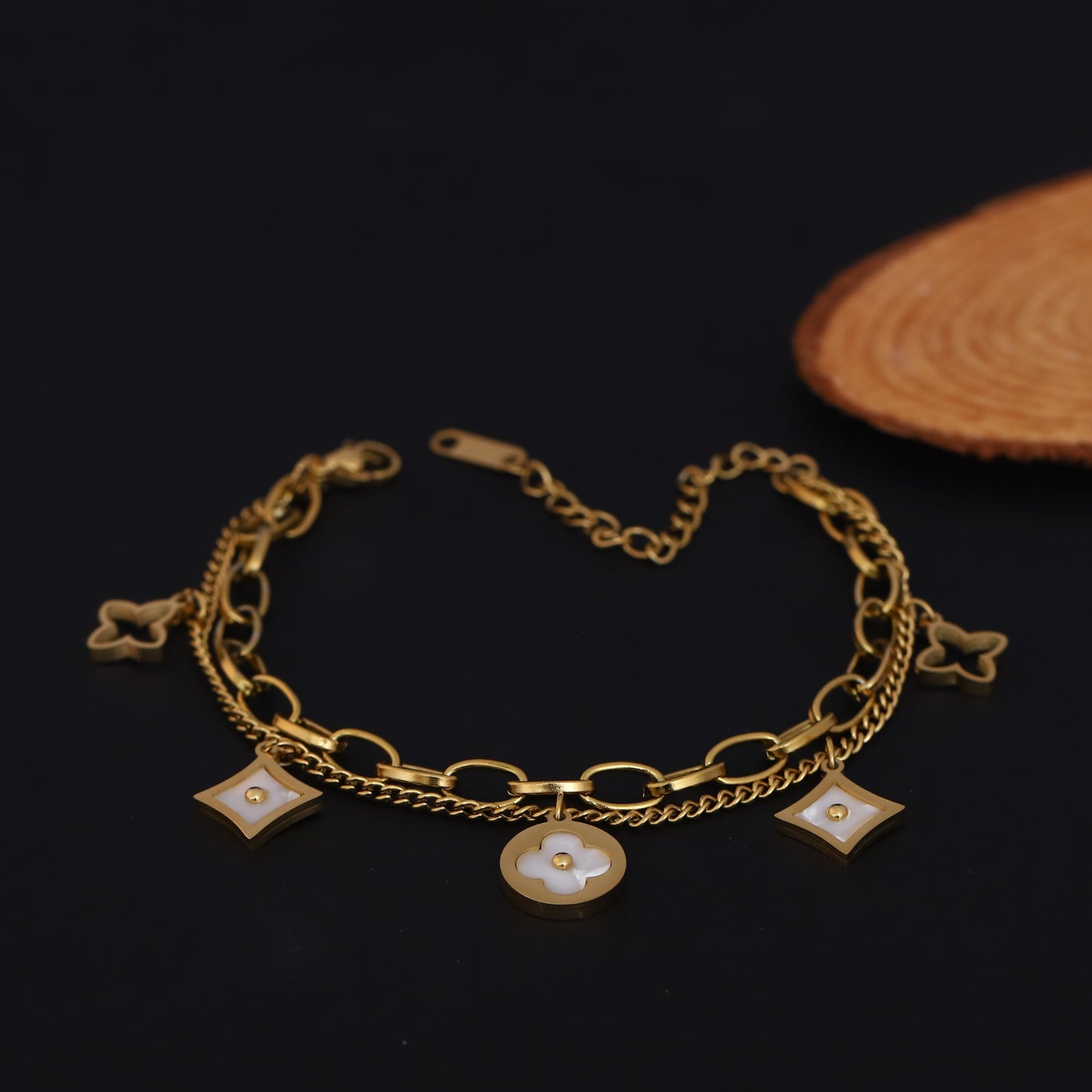 Gold Plated Clover & Quatrefoil Charm Bracelet with Mother of Pearl - Double Layer Stainless Steel