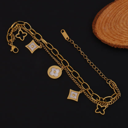 Gold Plated Clover & Quatrefoil Charm Bracelet with Mother of Pearl - Double Layer Stainless Steel