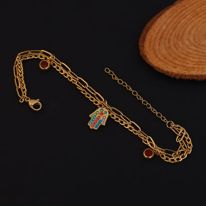 Gold Plated Hamsa Hand Charm Bracelet with Colorful CZ Stones - Double Layer Stainless Steel