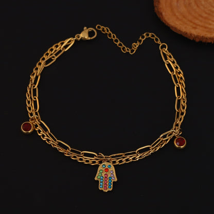 Gold Plated Hamsa Hand Charm Bracelet with Colorful CZ Stones - Double Layer Stainless Steel