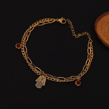 Gold Plated Hamsa Hand Charm Bracelet with Colorful CZ Stones - Double Layer Stainless Steel