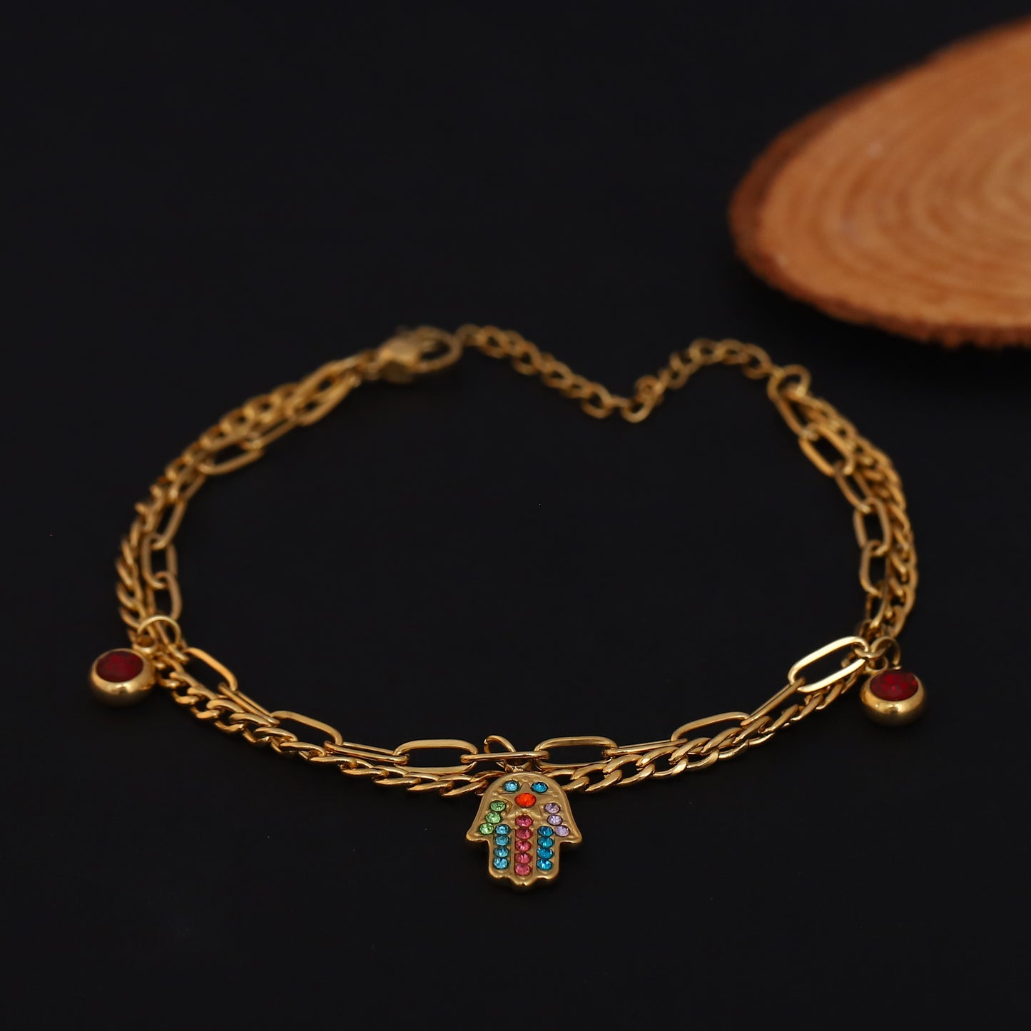 Gold Plated Hamsa Hand Charm Bracelet with Colorful CZ Stones - Double Layer Stainless Steel