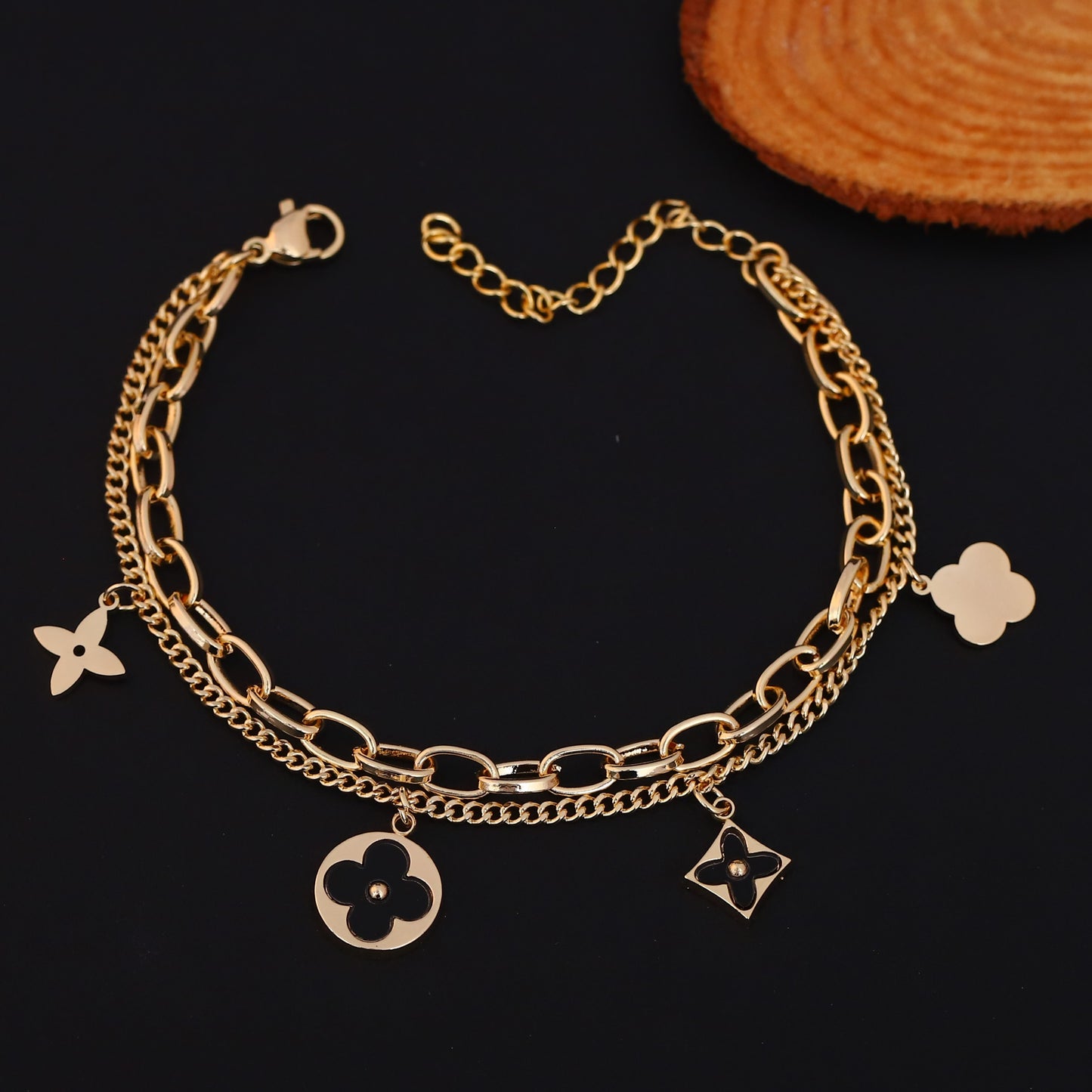 Gold Plated Clover & Quatrefoil Charm Bracelet - Double Layer Stainless Steel with Black Accents