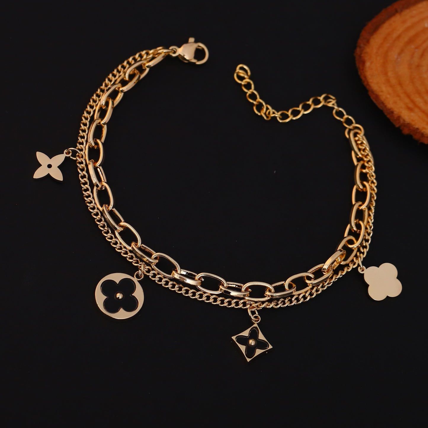 Gold Plated Clover & Quatrefoil Charm Bracelet - Double Layer Stainless Steel with Black Accents