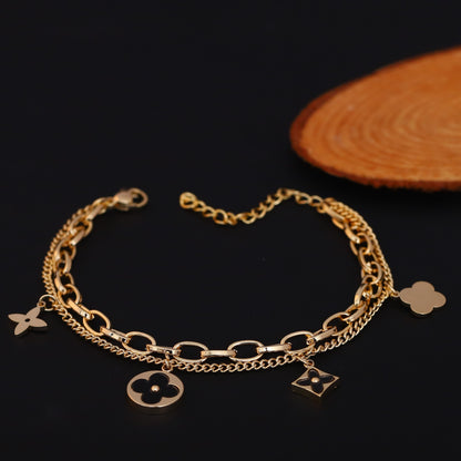 Gold Plated Clover & Quatrefoil Charm Bracelet - Double Layer Stainless Steel with Black Accents