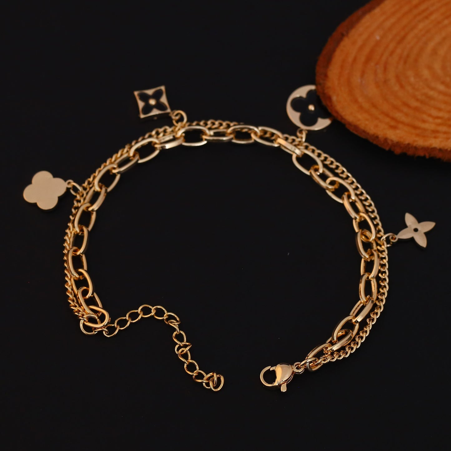 Gold Plated Clover & Quatrefoil Charm Bracelet - Double Layer Stainless Steel with Black Accents