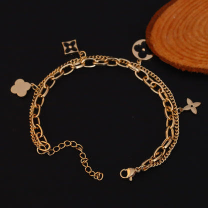 Gold Plated Clover & Quatrefoil Charm Bracelet - Double Layer Stainless Steel with Black Accents