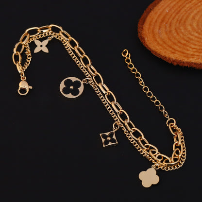 Gold Plated Clover & Quatrefoil Charm Bracelet - Double Layer Stainless Steel with Black Accents