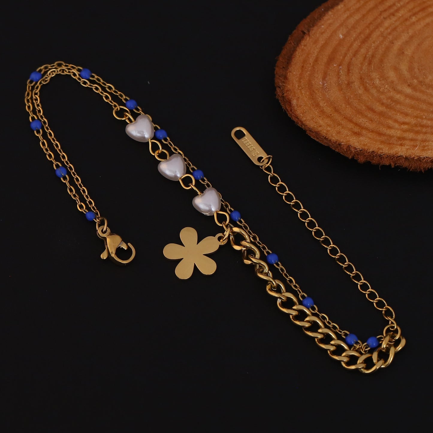 Gold Plated Heart & Flower Charm Bracelet with Blue Beads - Double Layer Stainless Steel