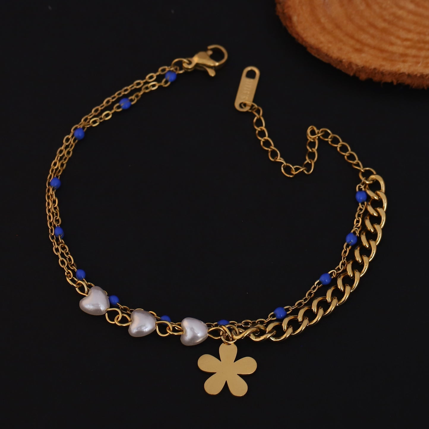 Gold Plated Heart & Flower Charm Bracelet with Blue Beads - Double Layer Stainless Steel
