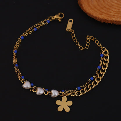 Gold Plated Heart & Flower Charm Bracelet with Blue Beads - Double Layer Stainless Steel