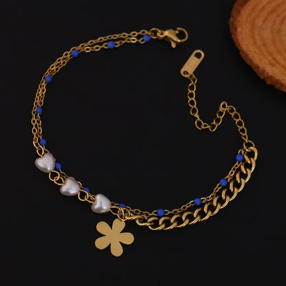 Gold Plated Heart & Flower Charm Bracelet with Blue Beads - Double Layer Stainless Steel