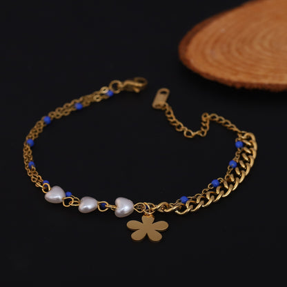 Gold Plated Heart & Flower Charm Bracelet with Blue Beads - Double Layer Stainless Steel
