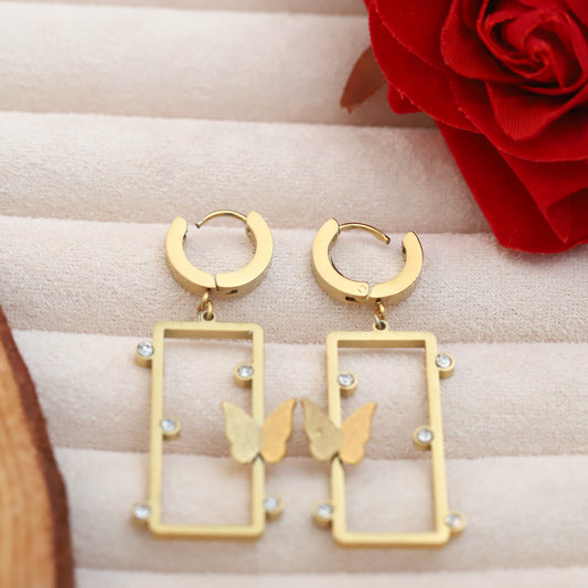 Gold Butterfly & Rectangle Dangle Earrings