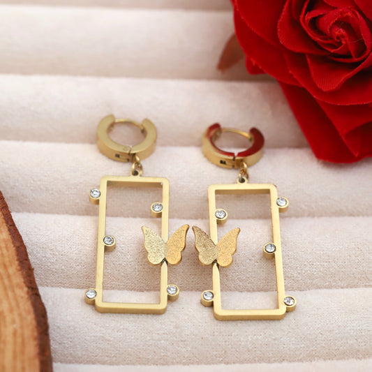 Gold Butterfly & Rectangle Dangle Earrings