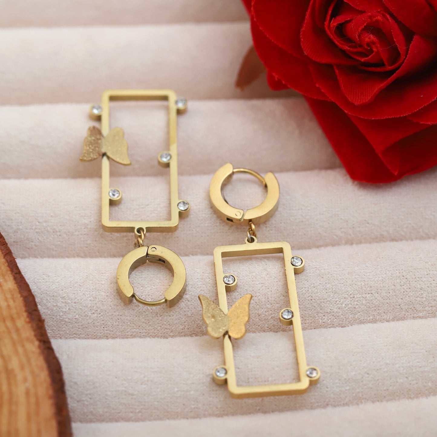 Gold Butterfly & Rectangle Dangle Earrings