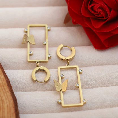 Gold Butterfly & Rectangle Dangle Earrings