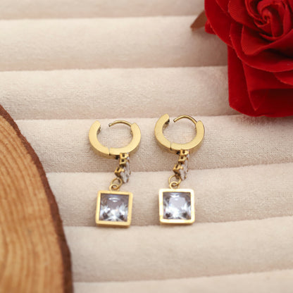 Gold Plated Square & Baguette Stone Drop Earrings