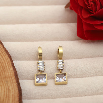 Gold Plated Square & Baguette Stone Drop Earrings