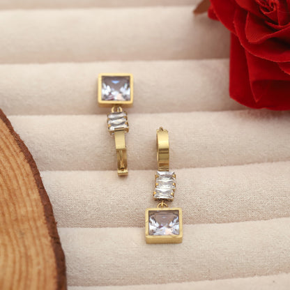 Gold Plated Square & Baguette Stone Drop Earrings
