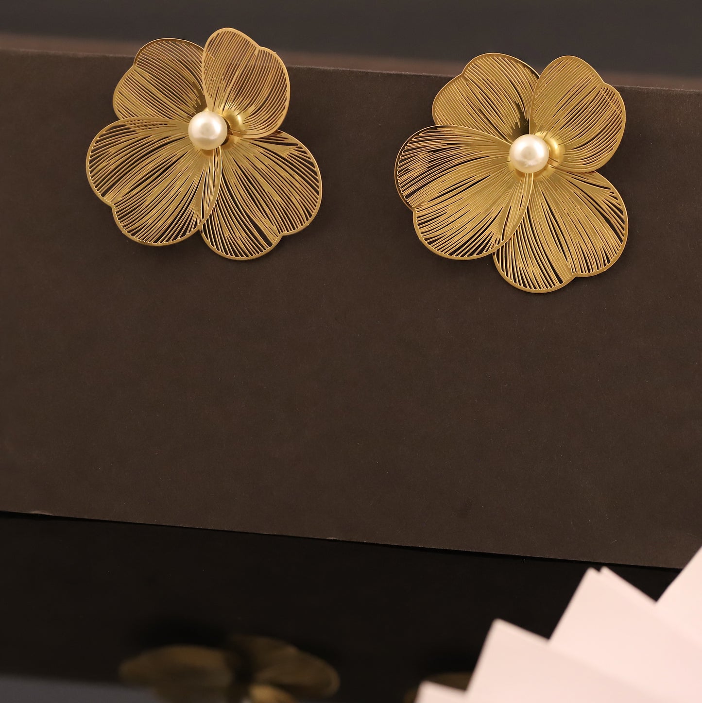 Filigree Gold Flower Stud Earrings with Pearl Center - Elegant Floral Jewelry