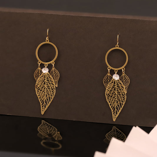 Bohemian Gold Leaf Dangle Earrings - Filigree Dreamcatcher-style Jewelry