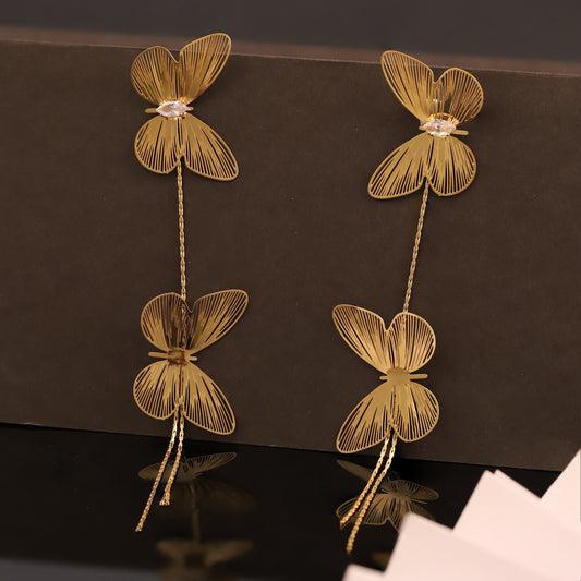 Golden Cascading Butterfly Drop Earrings with Sparkling Accents - Elegant Women's Jewelry